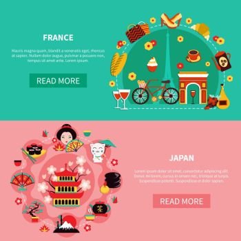 France And Japan Landmarks Horizontal Banners. France and japan horizontal banners with elements of national historic and modern culture flat vector illustration