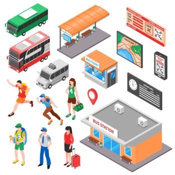 Bus Terminal Isometric Set. Bus terminal isometric set with tourists ticket office and platform vehicles route and timetable isolated vector illustration