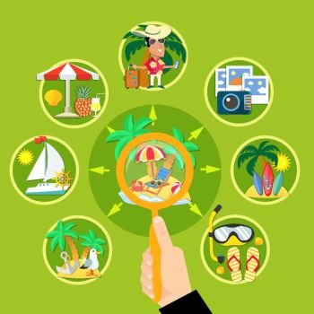 Summer Tourism Circle Concept. Vacation travel flat composition with human hand holding magnifier lens and tropical activities with touristic symbols vector illustration