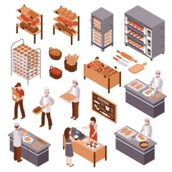 Isometric Bakery Set. Bakery isometric icons set of working bakers shelves with products buyers and seller of fresh bread behind counter vector illustration 