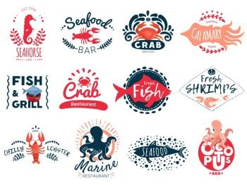 Seafood Creative Emblems Collection. Seafood emblem logo set of twelve isolated logotypes for bars and marine food restaurants with fish images vector illustration
