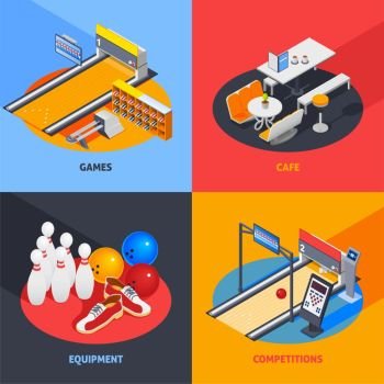 Bowling Colorful Isometric Compositions. Bowling colorful isometric compositions including game equipment with return system, cafe, sports gear, competitions isolated vector illustration