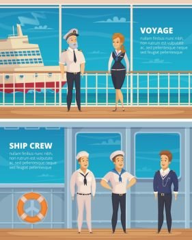 Ship Crew Characters Cartoon Banners . Yacht voyage ship crew members characters 2 horizontal cartoon banners with captain and sailors isolated vector illustration 