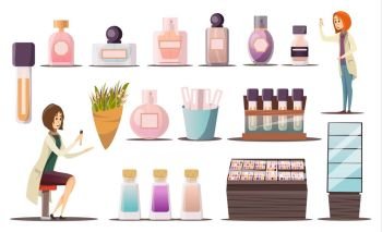 Perfume Shop Icon Set. Perfume shop icon set with cosmetic corners shop windows and cosmetic products vector illustration