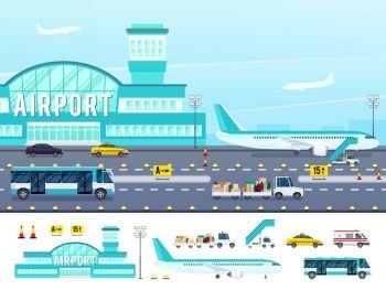 Airport Flat Style Illustration. Airport with runway lighting equipment vehicles for travelers truck with baggage ladder flat style isolated vector illustration