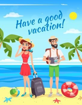 Tourists During Summer Holiday Illustration. Tourists during summer holiday design with man and woman with luggage on sea landscape background vector illustration