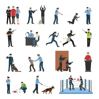 Police Team Training Flat Icons Set. Police officers tact team training and field work flat icons collection with shooting to stop isolated vector illustration 