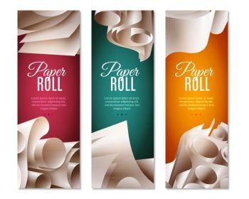 3d Paper Rolls Banners. Realistic set of three colorful vertical banners with 3d blank paper rolls and text field isolated on white background vector illustration