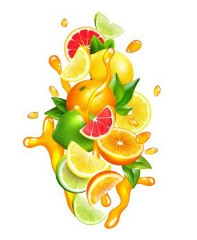 Citrus Fruits Juice  Drops Colorful Composition. Fresh citrus fruits wedges slices and segment with orange juice splashes around colorful realistic composition vector illustration 