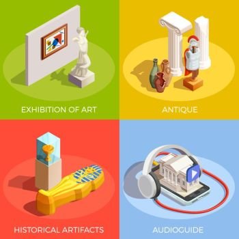 Antique Museum Design Concept. Museum isometric design concept with colorful compositions of historical artifacts and statues with conceptual audioguide images vector illustration