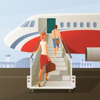 Boarding In Airplane Composition. Boarding in airplane composition with man and woman in hat with hand luggage on ladder vector illustration