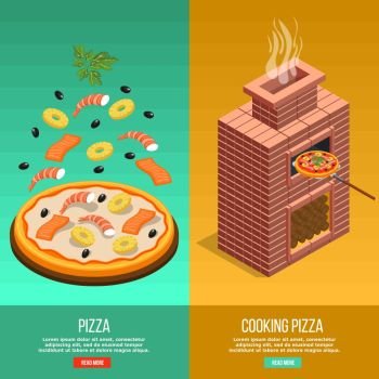 Pizza Baking Banner Set. Two vertical pizza baking banner set with cooking pizza headline and read more buttons vector illustration