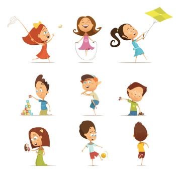 Playing Kids Set. Playing kids cartoon set with kite and football symbols isolated vector illustration 