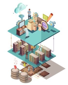 Data Analysis Isometric Concept. Data analysis isometric concept with electronic equipment information exchange server infrastructure cloud services and staff vector illustration