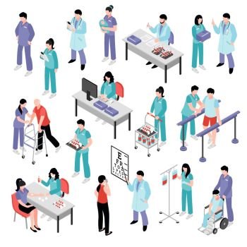 Doctor Nurse Hospital Isometric Set. Docters physicians nurses physiotherapist and laboratory assistent attending patients in hospital isometric icons collection isolated vector illustration 