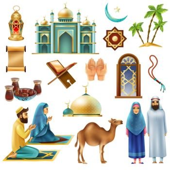 Ramadan Kareem Mubarak Symbols Icons Set. Ramadan muslims holy month religious symbols traditional objects food clothing realistic icons collection isolated vector illustration 