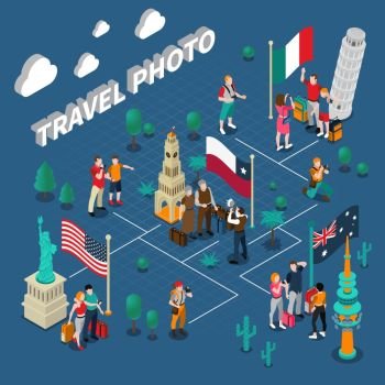 Journey People Isometric Template. Journey people isometric template with tourists photographing in different countries near various sights vector illustration