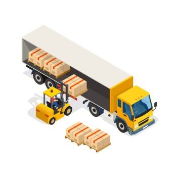 Logistic Isometric Design Composition. Logistic isometric design composition with worker loading cargo by forklift to big van vector illustration