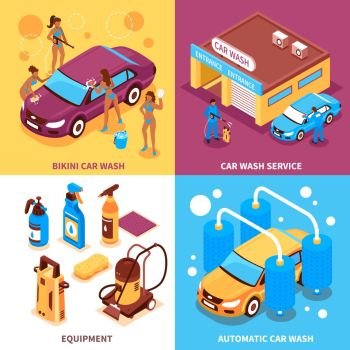 Car Wash Isometric Design Concept. Car wash service isometric design concept with automatic cleaning girls workers in bikini equipment isolated vector illustration 