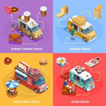Food Truck 4 Isometric icons Square . Street coffee snacks bread sushi and bbq food trucks 4 isometric icons square banner isolated vector illustration 