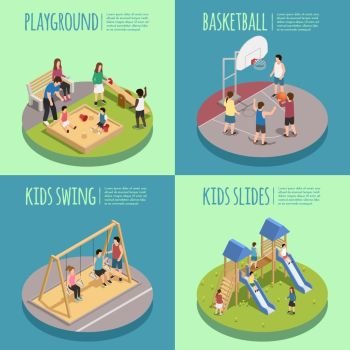 Children Playground Isometric Compositions. Children playground isometric compositions including kids in sandbox, basketball game, swings and slides isolated vector illustration