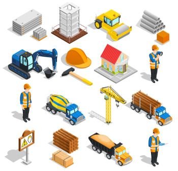 Construction Isometric Elements Set. Construction isometric icons collection of isolated building equipment with images of workers machinery and constructional supplies vector illustration