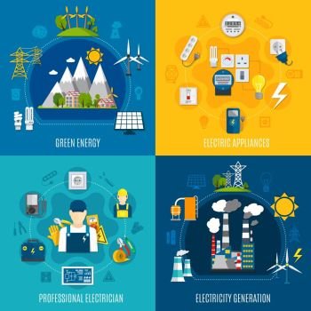 Electricity Flat Compositions. Flat compositions with electricity generation including wind turbines, green energy, professional electrician and equipment isolated vector illustration