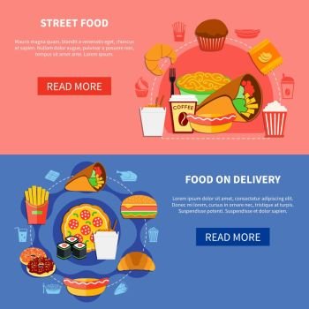 Fast Food 2 Flat Banners Webpage . Street food on delivery online order 2 flat banners with deserts coffee pizza burgers isolated vector illustration 