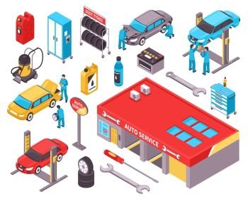 Auto Service Isometric Icons Set. Auto service isometric icons set with cars diagnostic equipment repair tools garage space isolated vector illustration  