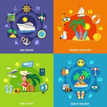 Vacation Travel Design Concept. Vacation travel flat design concept with compositions of seaside resort touristic symbols transport and equipment images vector illustration