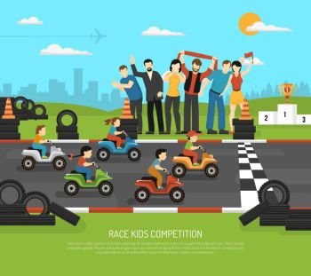 Motor Racing Kids Background. Race kids competition drive sport composition with flat children characters on race track and adult supporters vector illustration