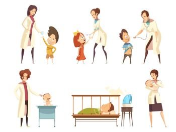 Ill Children Hospital Treatment Cartoon Set . Ill babies children patients treatment in hospital retro cartoon situations icons set with nurses isolated vector illustration 