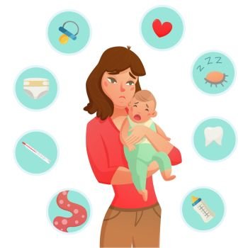 Crying Baby Reasons Composition. Colored crying baby reasons composition with round icon set that list the why he is crying vector illustration