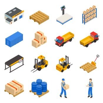 Warehouse Isometric Decorative Icons Set. Warehouse isometric decorative icons set with elements of storage inventory  transportation and workers isolated vector illustration 