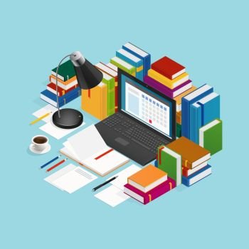 Educational Books Isometric Illustration. Educational colorful books around laptop paper sheets stationery coffee and lamp on blue background isometric vector illustration