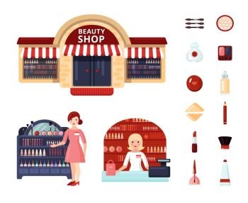 Beauty Store Icon Set. Colored beauty store icon set with girl consultant at the stand and at the checkout vector illustration