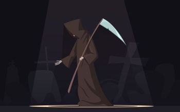 Death With Scythe Symbol Cartoon Image. Death with scythe traditional black-hooded grim reaper symbolic figure in spotlight dark background poster cartoon vector illustration 