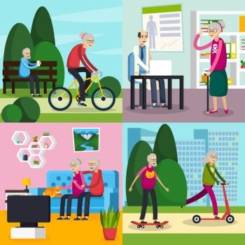 Aged Elderly People Orthogonal Composition Set. Four square aged elderly people orthogonal composition set with old people spend their free time vector illustration