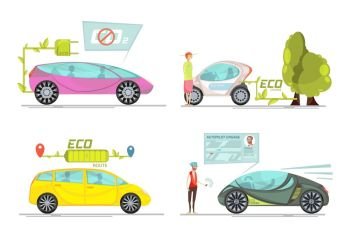 Electro Car Concept. Colorful eco friendly electro cars 2x2 concept isolated on white background flat vector illustration