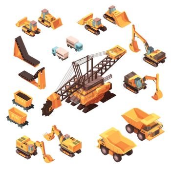 Extractive Equipment Isometric Set. Isometric mining set of isolated machinery images with orange trucks bulldozers lorries excavators and various equipment vector illustration