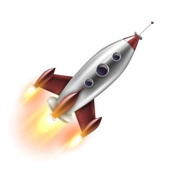 Isolated Realistic Rocket. Realistic rocket of red grey color with round portholes in flight on white background isolated vector illustration