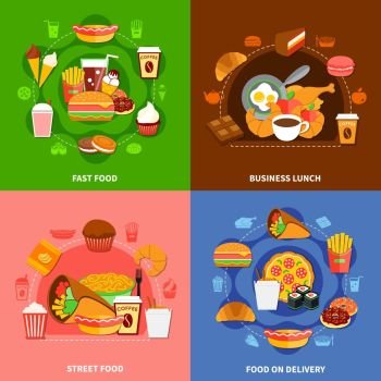 Fast Food 4 Flat Icons Square . Fast food chains service  4 flat icons square with online orders and business lunch isolated vector illustration 