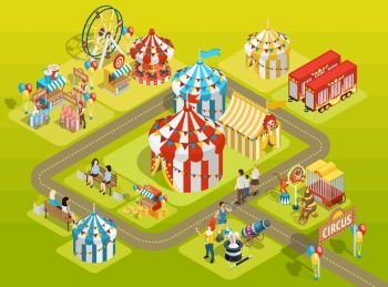Travel Circus Fairground Isometric Layout Poster. Travel circus attractions isometric composition amusement park schema with striped tents  observation wheel and visitors vector illustration