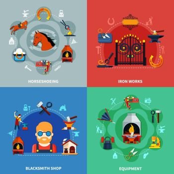 Blacksmith Design Concept Set. Blacksmith design concept set of four colorful iron works compositions with doodle icons of horseshoeing equipment vector illustration