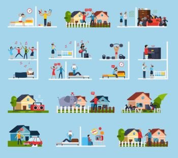 Conflicts With Neighbors Icons Set . Conflicts with neighbors icons set with noise symbols flat isolated vector illustration 