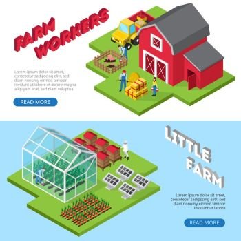 Little Farm  Work Facilities Isometric Banners  . Profitable small agricultural business 2 isometric website banners with farmworkers and farm facilities information isolated vector illustration 
