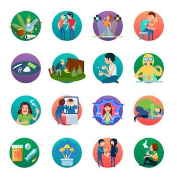 Narcotic Drugs Icons Set. Narcotic round icons collection with circle compositions of drug production abuse marijuana growing smoking substance use vector illustration