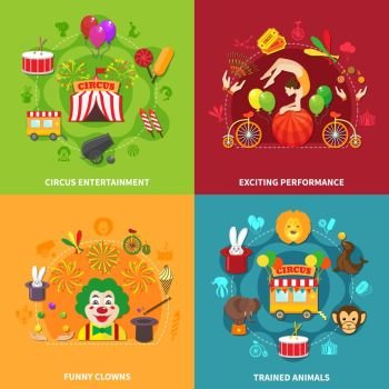 Circus flat set. Circus flat compositions set with clowns animals and acrobats isolated vector illustration