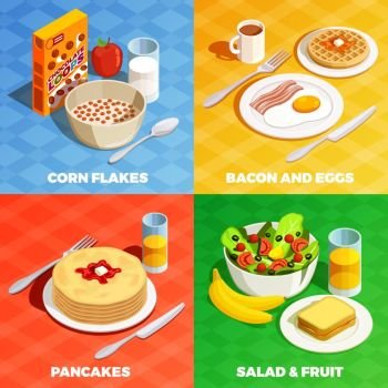 Lunch Meal Design Concept. Cooking icons isometric design concept with realistic dishes flatware with various breakfast food and drinks images vector illustration