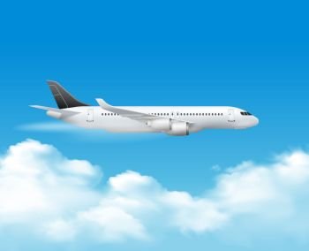 Airplane Over The Top Composition. Airplane in air composition with realistic image of passenger jet aircraft on top over the clouds vector illustration